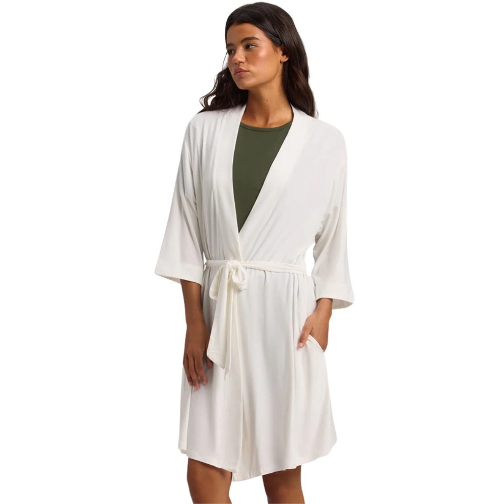 Cozy Earth Bamboo Stretch Knit Kimono Wrap Robe Large Womens Ivory Large Pockets